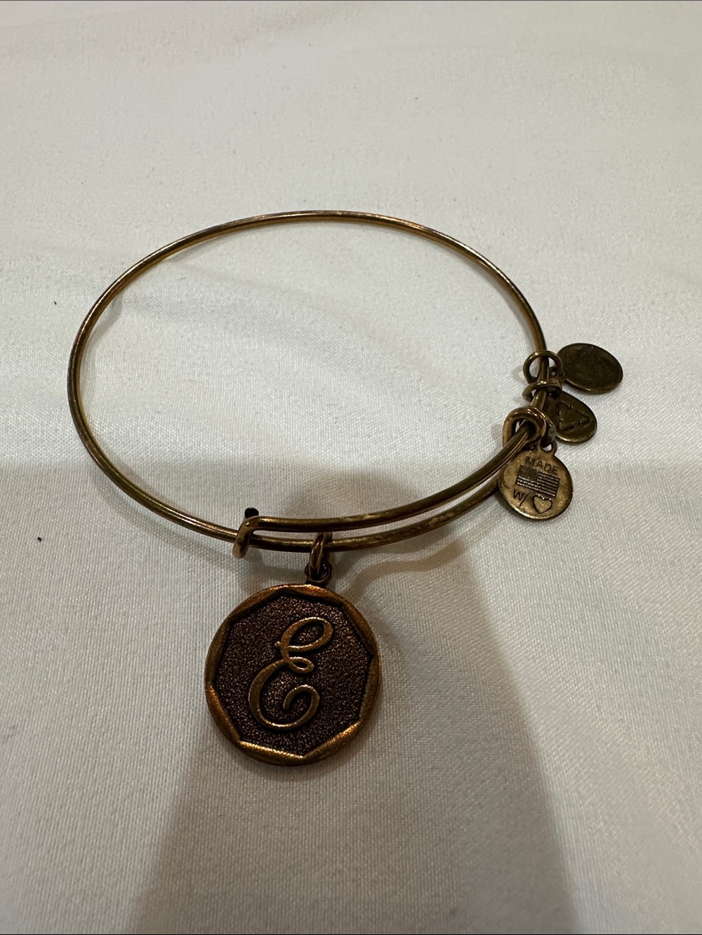 Alex and Ani Antique Gold Initial Disc Charm Bangle with the Letter E